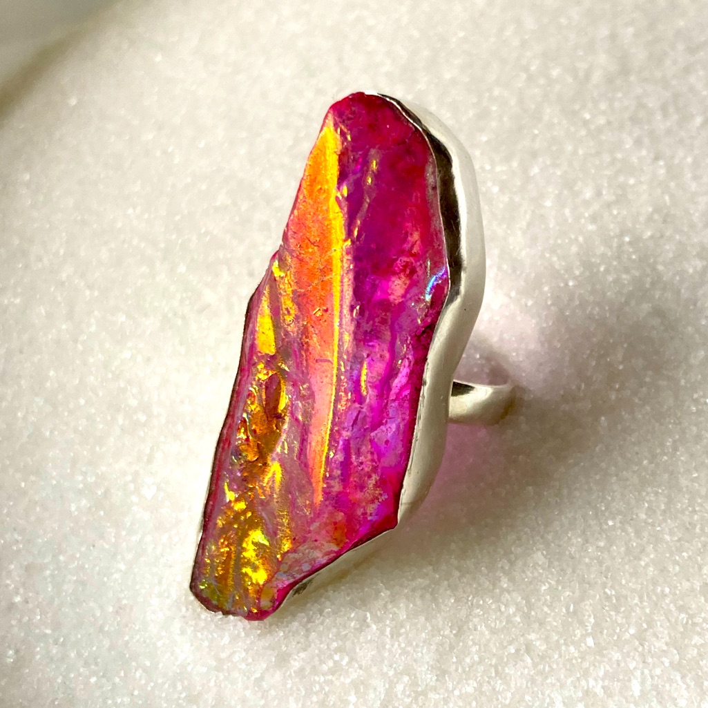 Sterling Aura Quartz Ring Sz 7 Pink Peach Gold Blue New! Huge! Almost 2